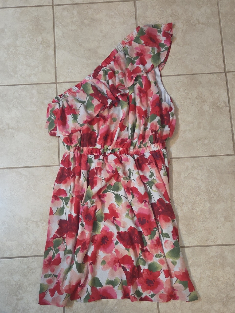 One-Shoulder Floral Sundress in Dark Pink, Light Pink & Green